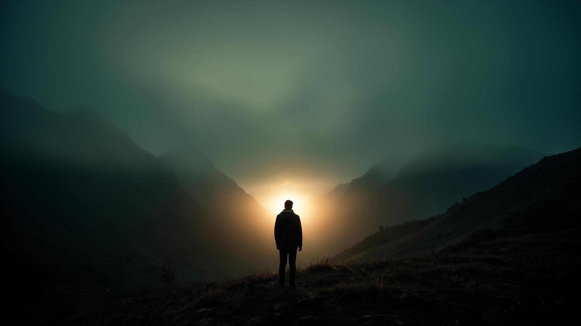 Figura contemplativa em paisagem ao amanhecer